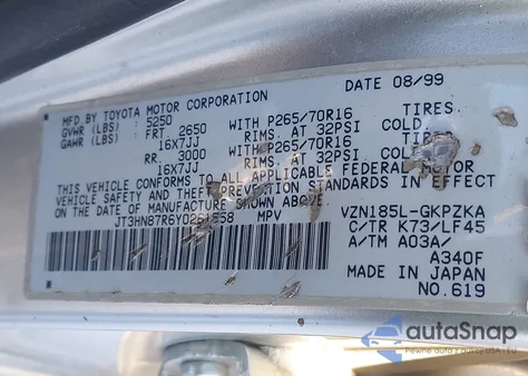 2000 Toyota 4Runner Limited V6 from USA, damaged, VIN JT3HN87R6Y0261558